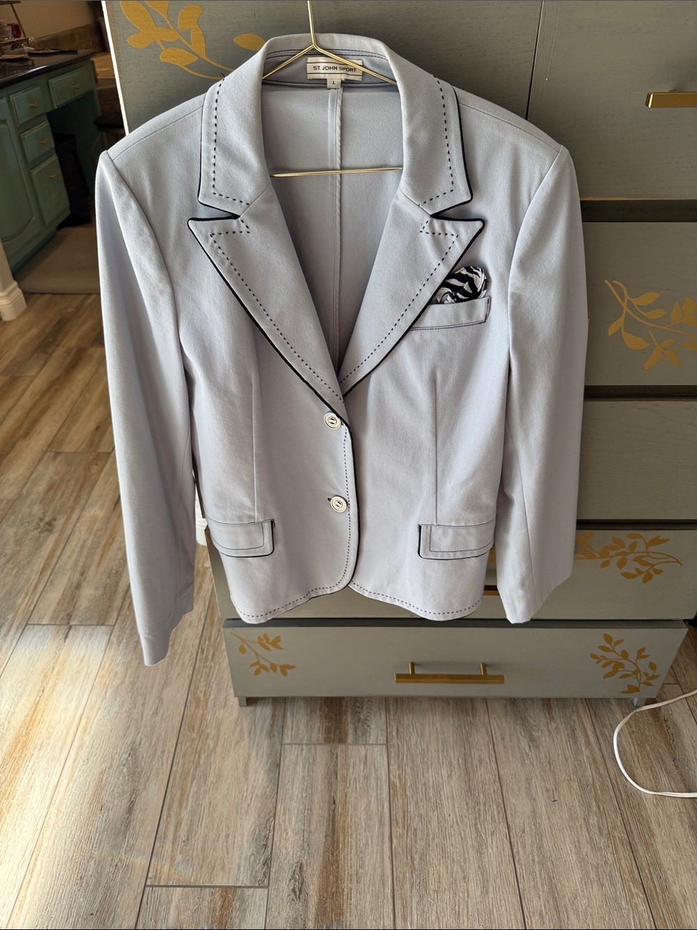St. John Light Blue Women's Tailored Blazer with Black Piping